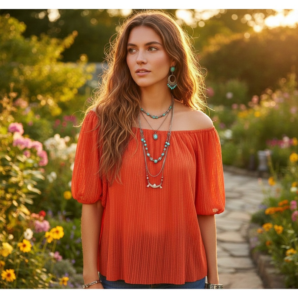 Sunday In Brooklyn S Top Red Orange Puff Sleeve‎ Boho Chic Indie Casual Fairy